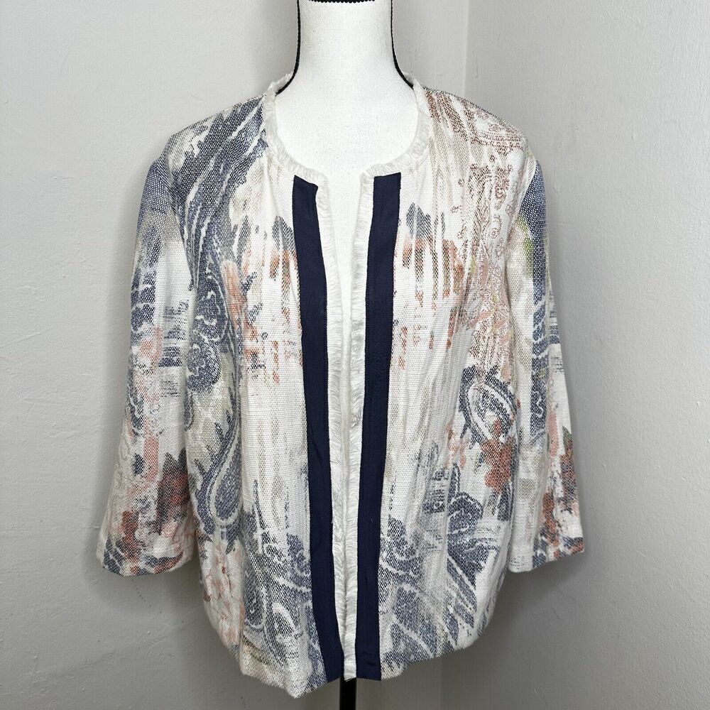 Chico's Watercolor Print Open Jacket Women’s Medium Textured 3/4 Sleeve Size 3